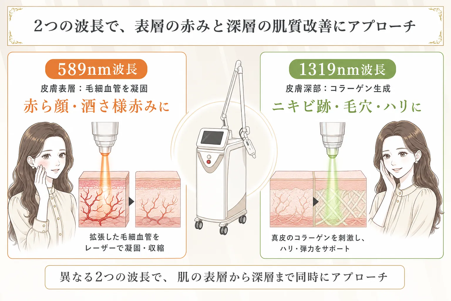 アドバテックスレーザーは589nmと1319nmの波長があり異なる効果が期待できることを説明