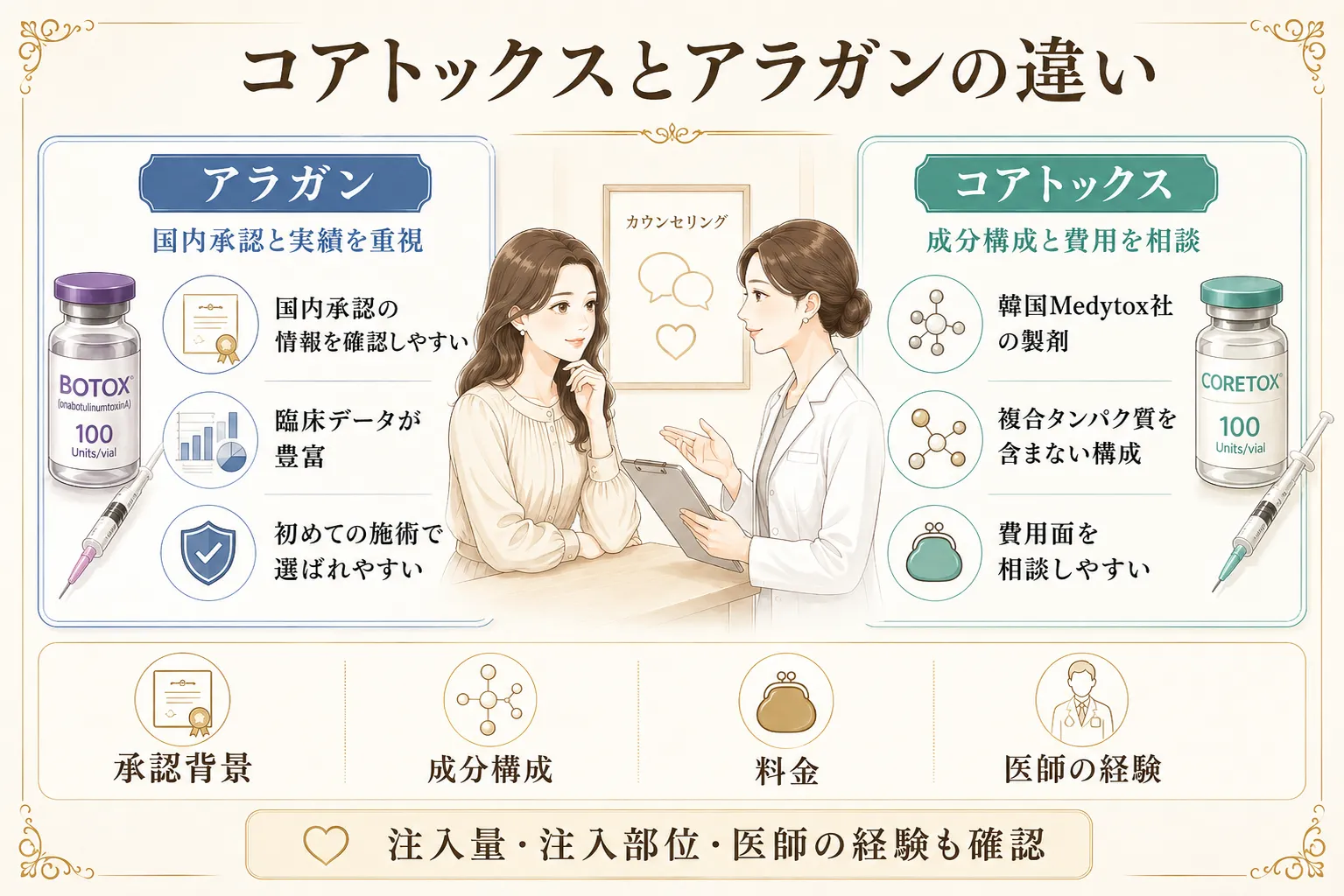 コアトックスとアラガンの違いについて承認背景や成分構成などで確認することを説明
