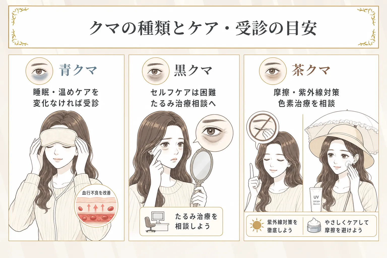 目の下の種類別に適切なケア方法と受診の目安を説明