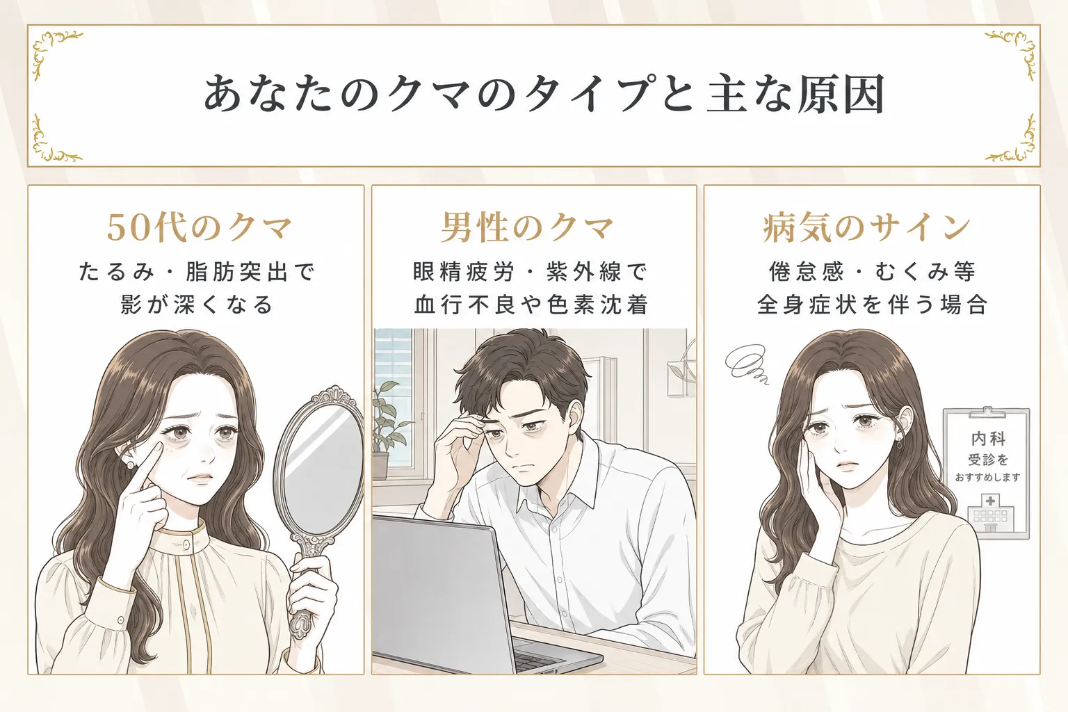 目の下のクマができる原因は年齢や性別で見え方が異なることを説明