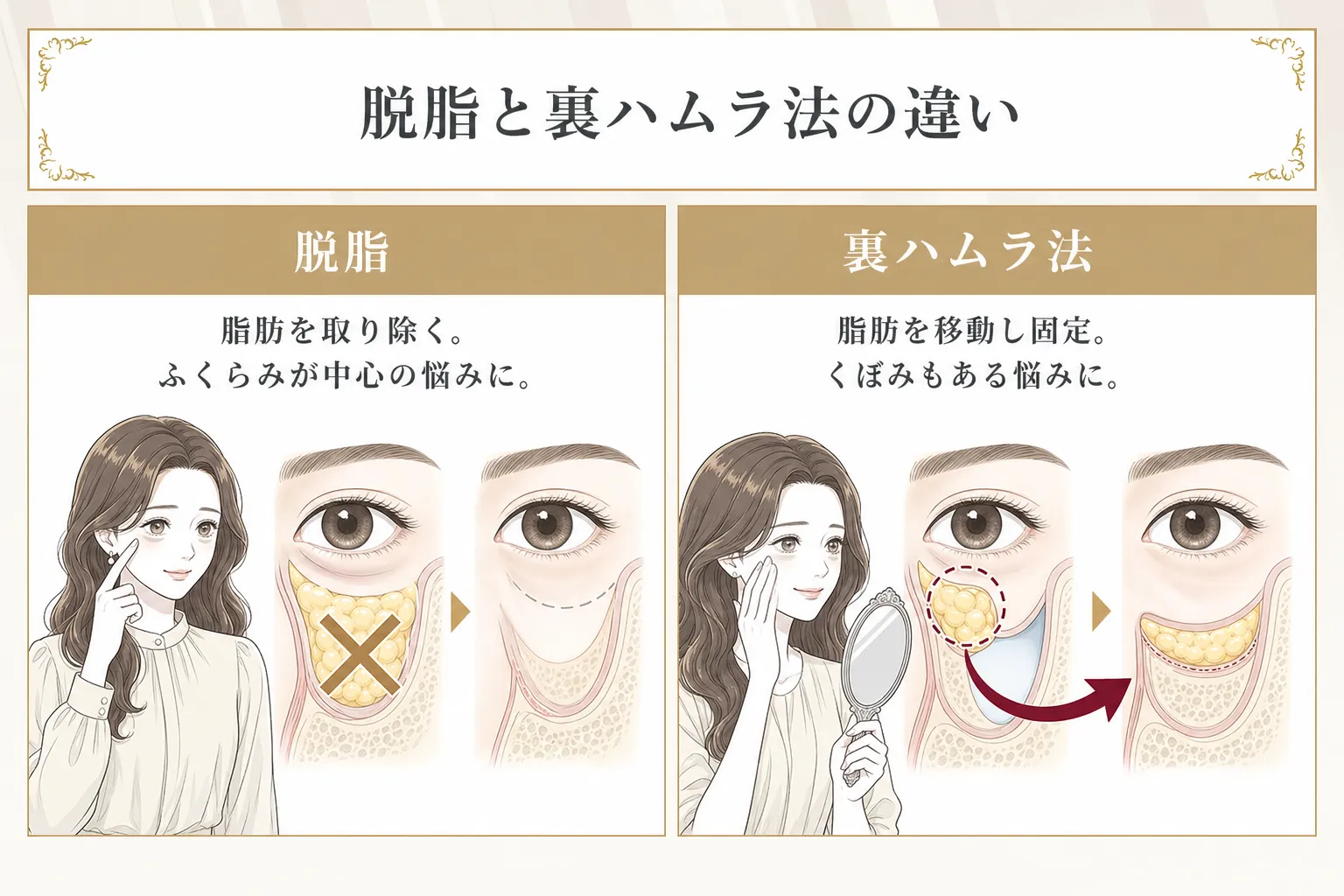裏ハムラと脱脂の違いは眼窩脂肪の除去かくぼみ側へ移動するかの違いであることを説明