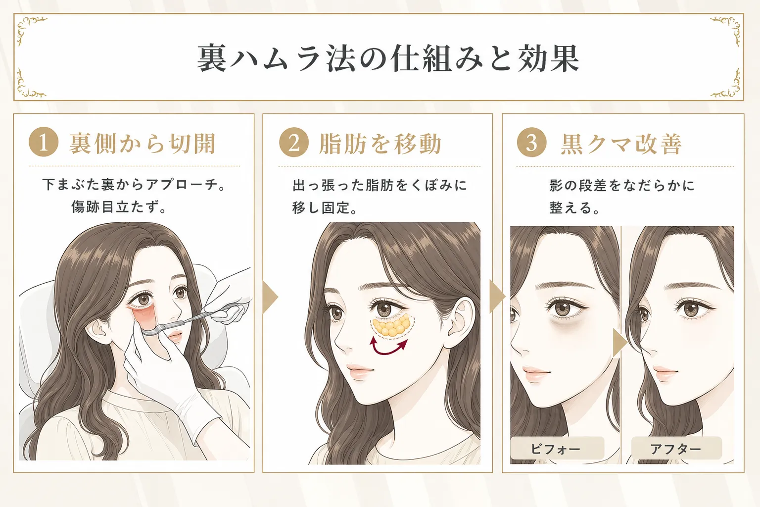 裏ハムラ法とは下まぶたの裏側にある脂肪を移動させる治療法であることを図解で説明
